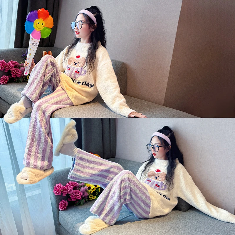 女童睡衣秋冬套装2024新款大儿童女孩加厚半边绒家居服珊瑚法兰绒