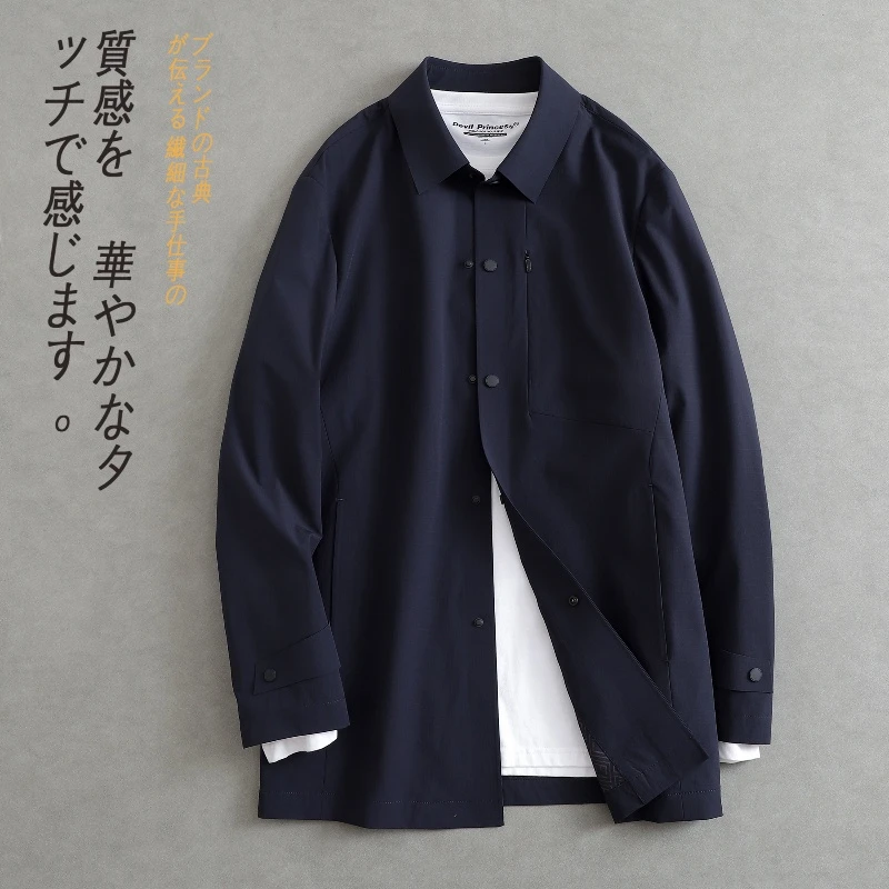 日系春秋款新简约中长款潮时尚都市款男士外套上衣夹克纯色立领