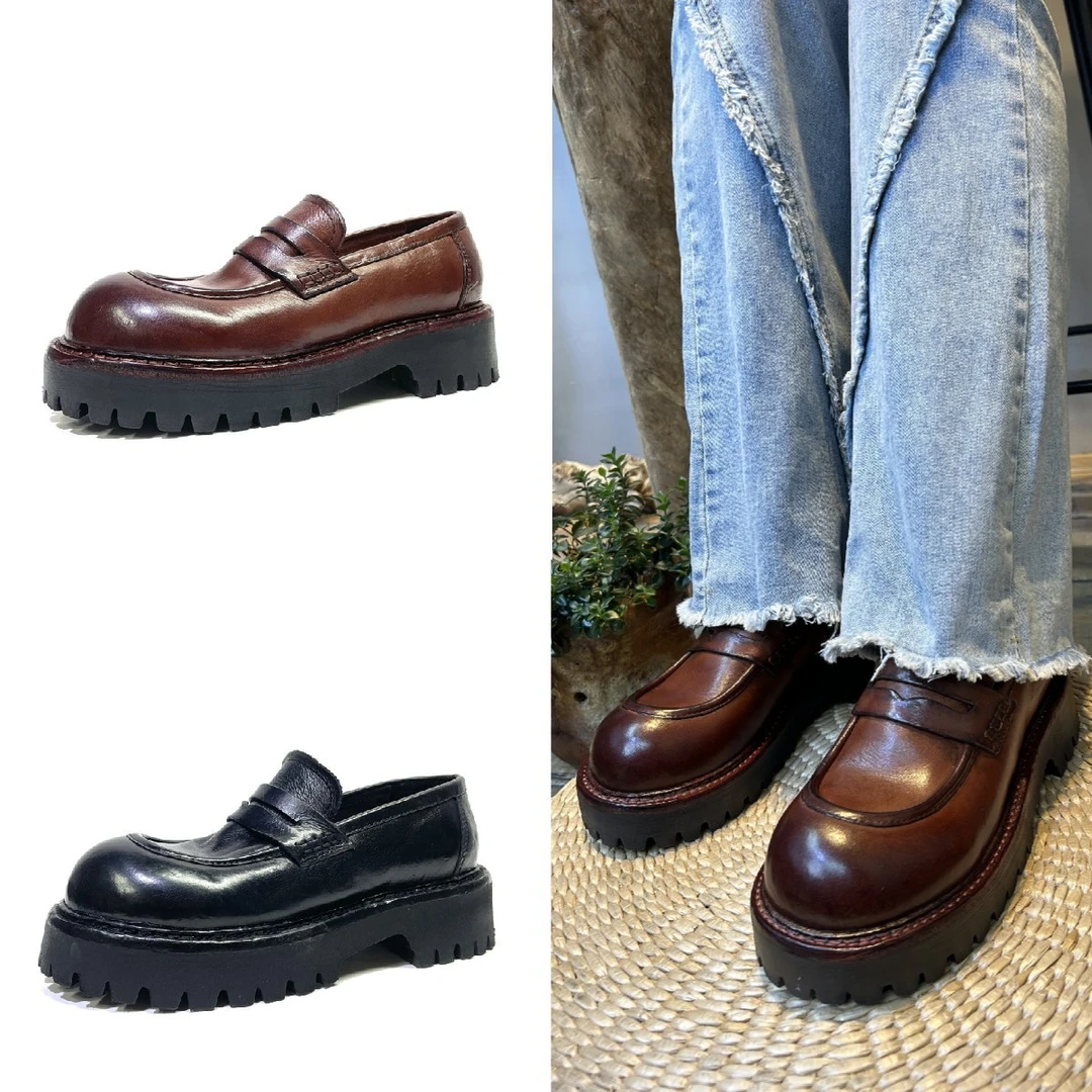 XUEMIOU 水洗马皮复古一脚蹬大头乐福鞋女百搭真皮厚底单鞋2368-2