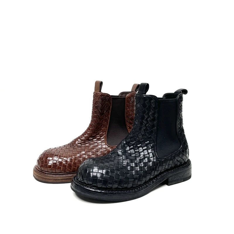 复古水洗马皮粗跟编织切尔西靴女英百搭伦风短靴2066-8