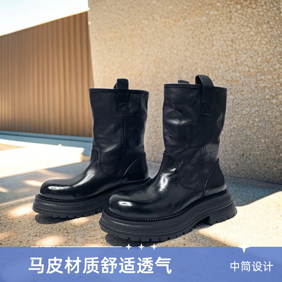 2024新款水洗马皮中筒靴女秋冬骑士靴大筒围百搭英伦风短靴舒适