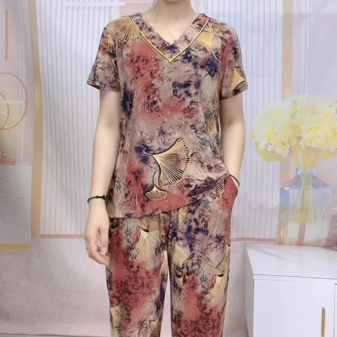 短袖套装大码夏季印花洋气舒适宽松花色家居服显瘦减龄女士妈妈装