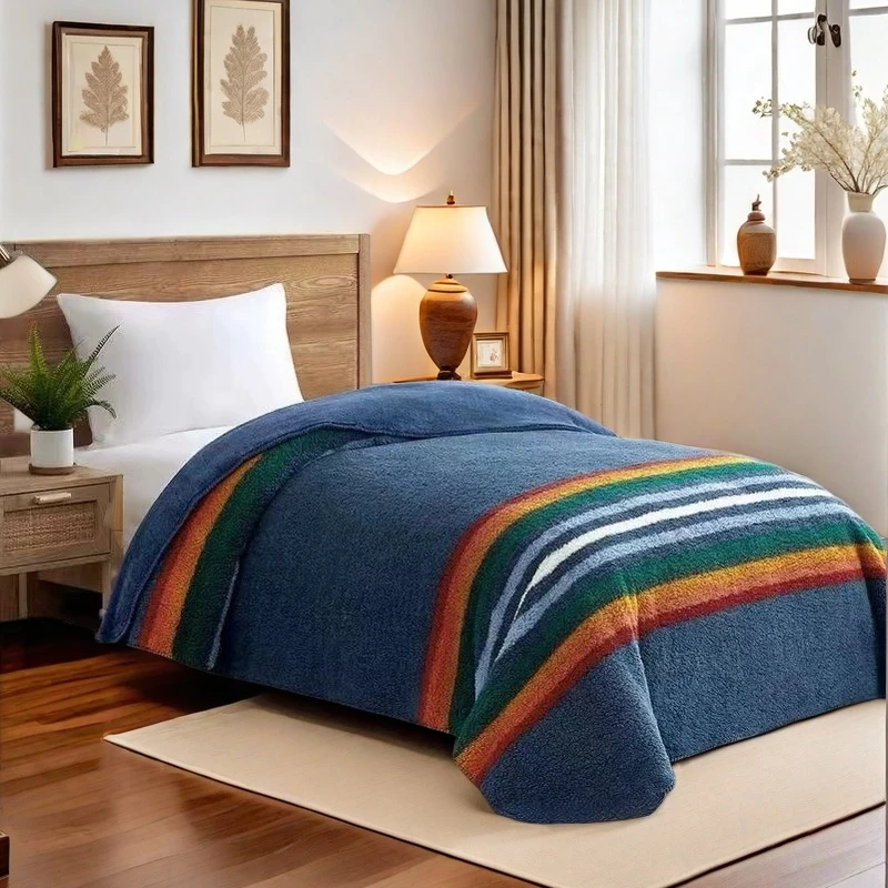 波西米亚孔雀蓝彩虹毛毯加厚保暖双层绒毯