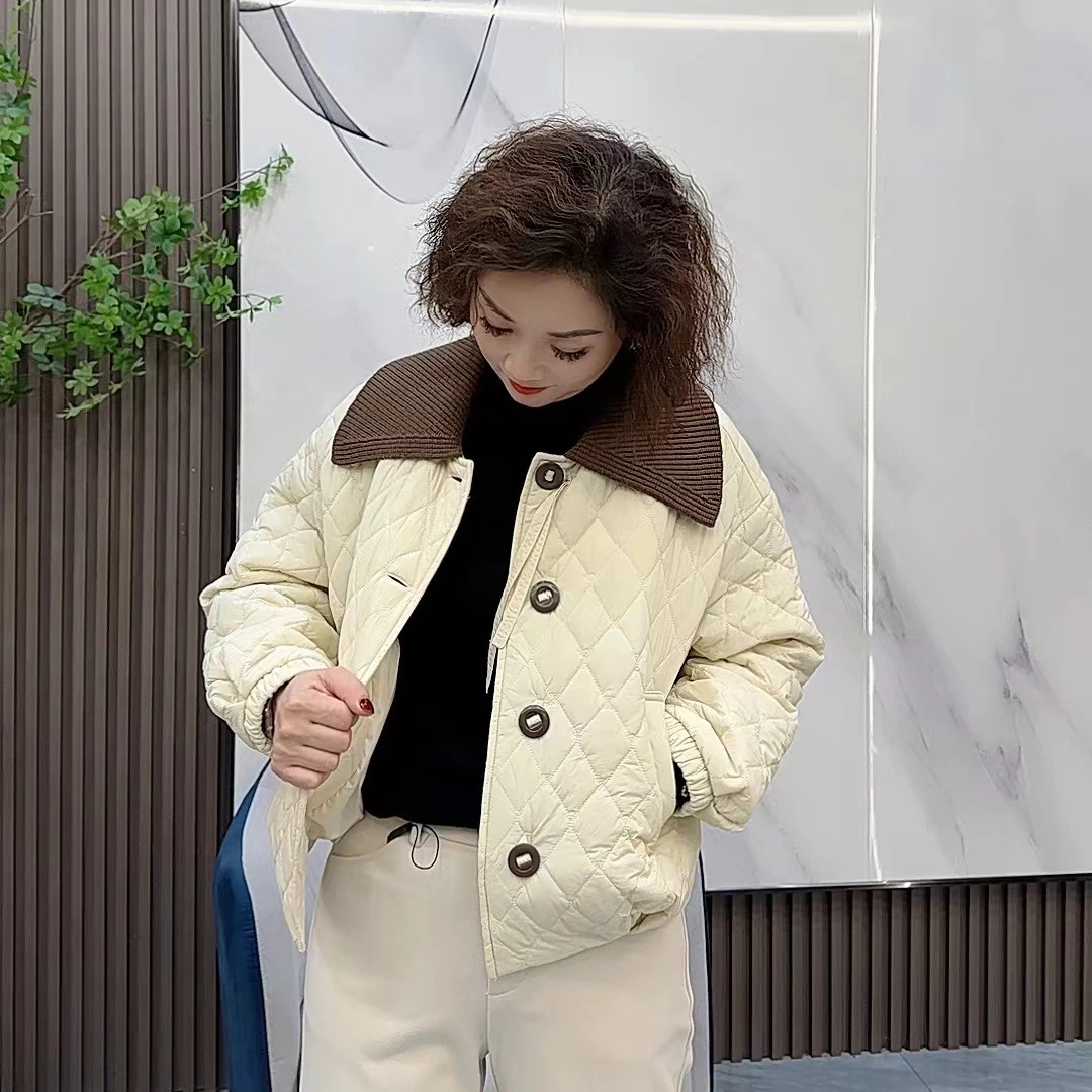 【卿她】大翻领薄棉外套2024冬新款女时尚宽松菱格单排扣棉服短外套