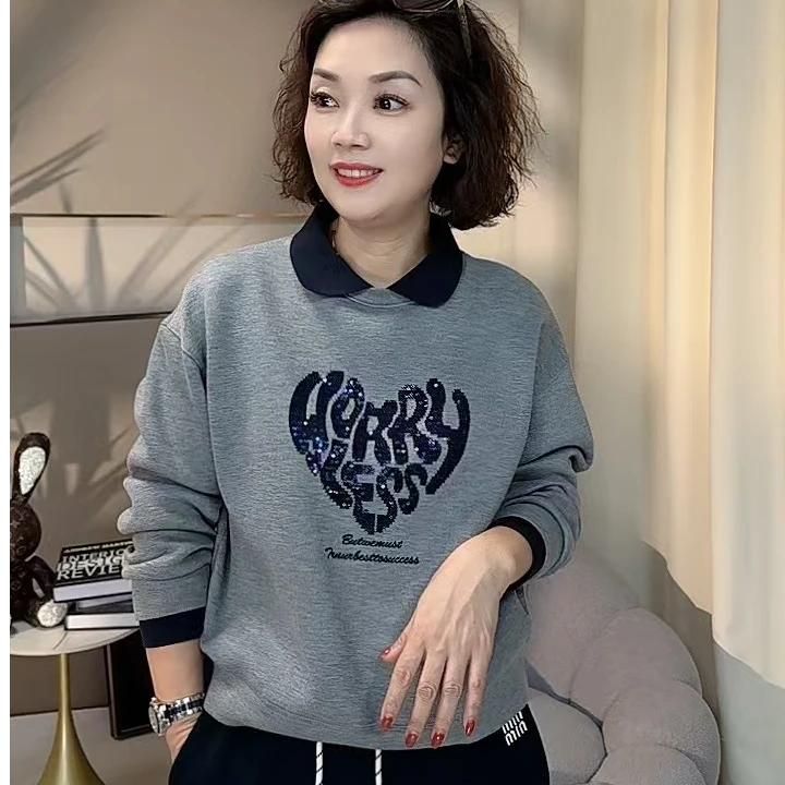 【卿她】减龄polo领爱心亮片长袖卫衣 时尚百搭休闲秋季上衣