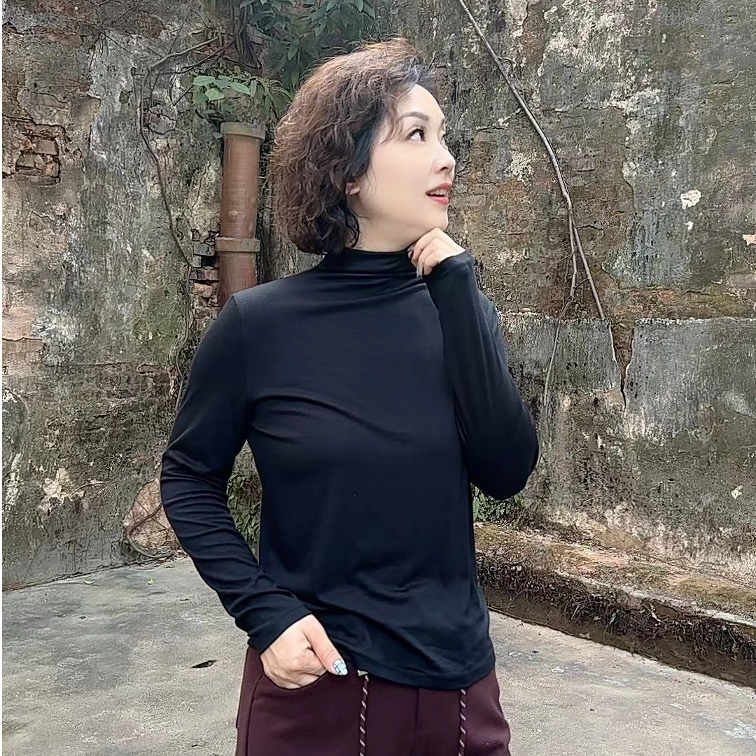 【卿她】羊毛卷针织净色套头中领袖百搭打底小立领打底衫面膜衣