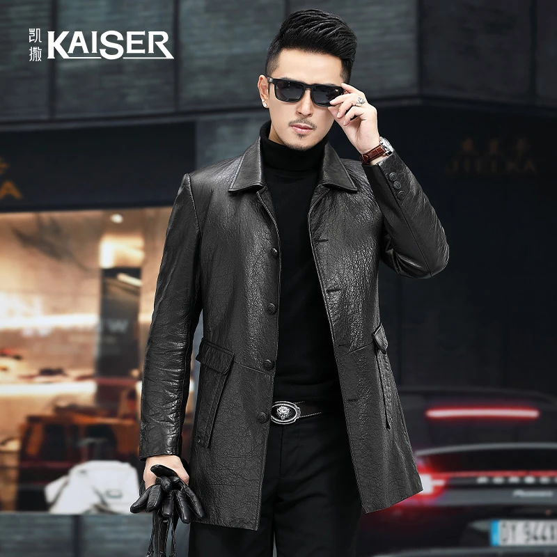 KAISER/凯撒 男士海宁绵羊皮中长款西装领春秋皮风衣 182A20D212