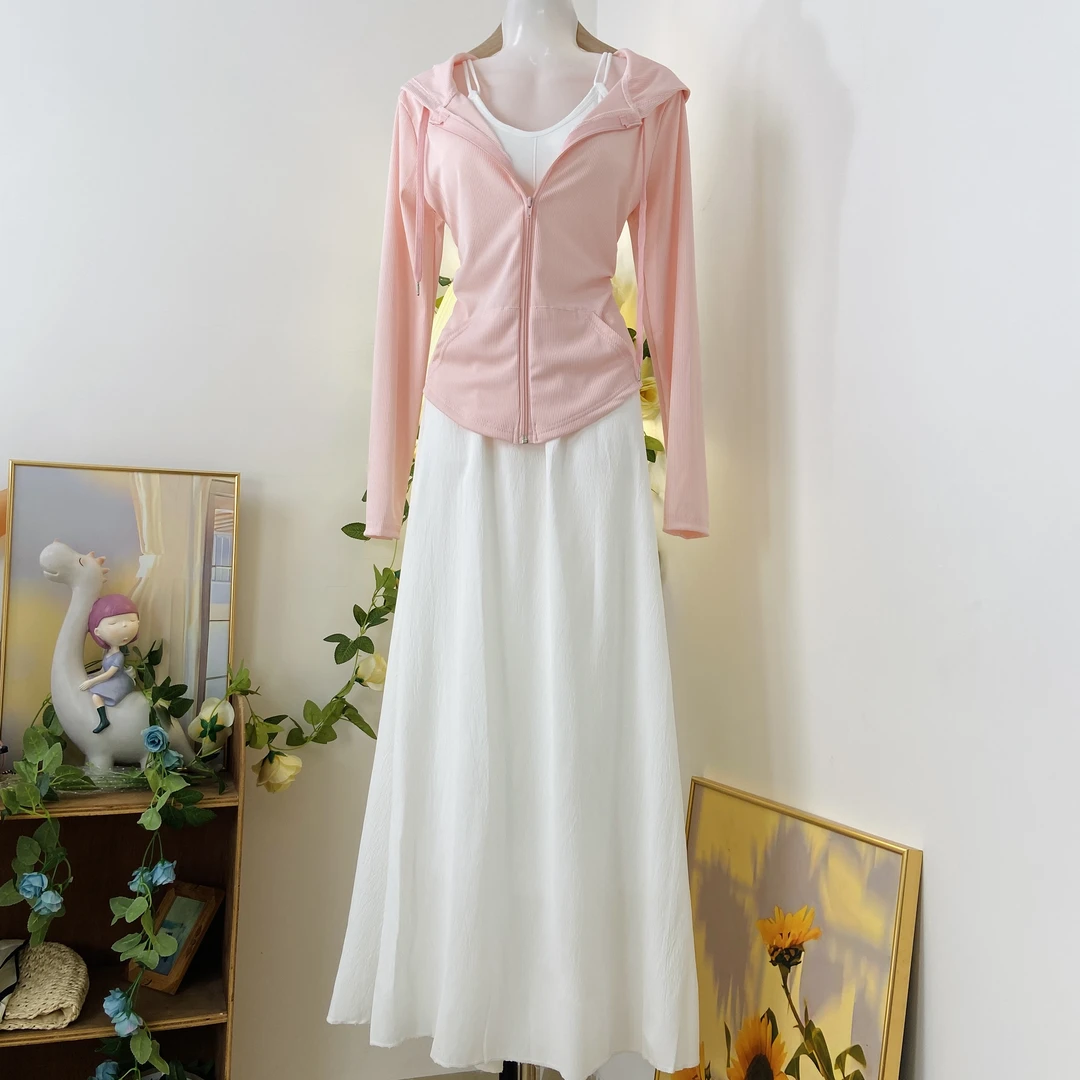 显瘦气质长袖柔顺短款百搭初秋白色半身裙上衣外套时尚修身三件套