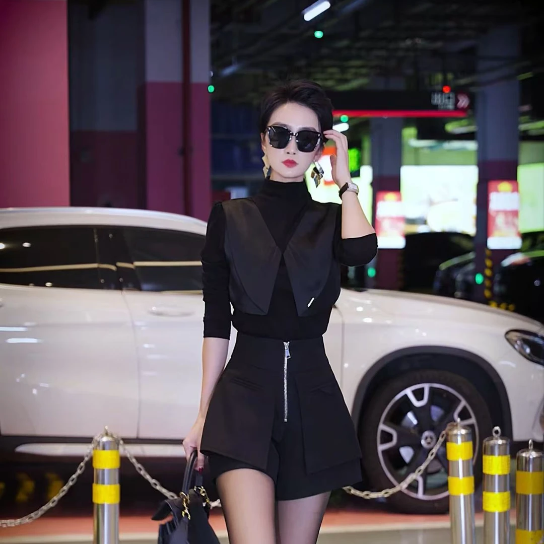 (文萱推荐）法式拼接设计感长袖假两件上衣