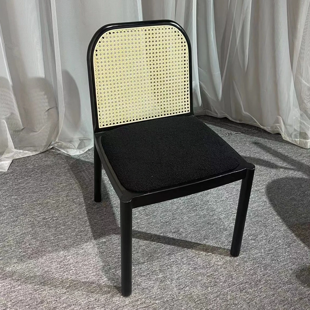 北欧家用实木靠背设计师简约侘寂风椅中古藤编单人餐厅桌椅餐椅