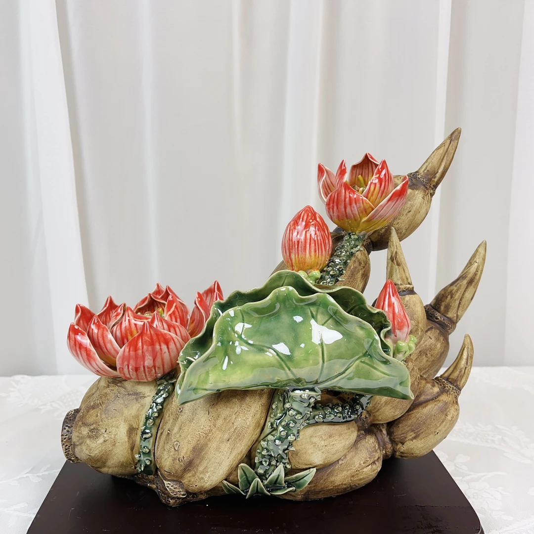 石湾公仔《好运连连-荷花》陶瓷家居摆件纯手工玄关客厅36*16*28