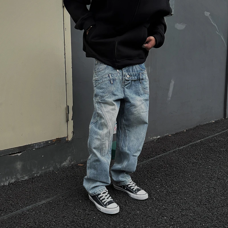 【UNAPS】秋季日系复古假两件双腰设计牛仔裤男女高盎司宽松直筒裤