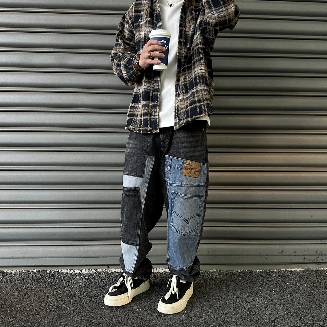 【UNAPS】日系复古重磅15盎司拼接贴布嘻哈休闲牛仔裤男女直筒裤子