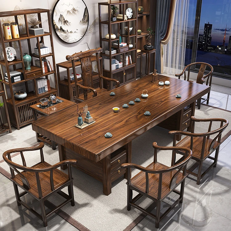 【抽屉腿】新中式大板茶桌茶台办公室家用两用全自动喝茶桌椅组合