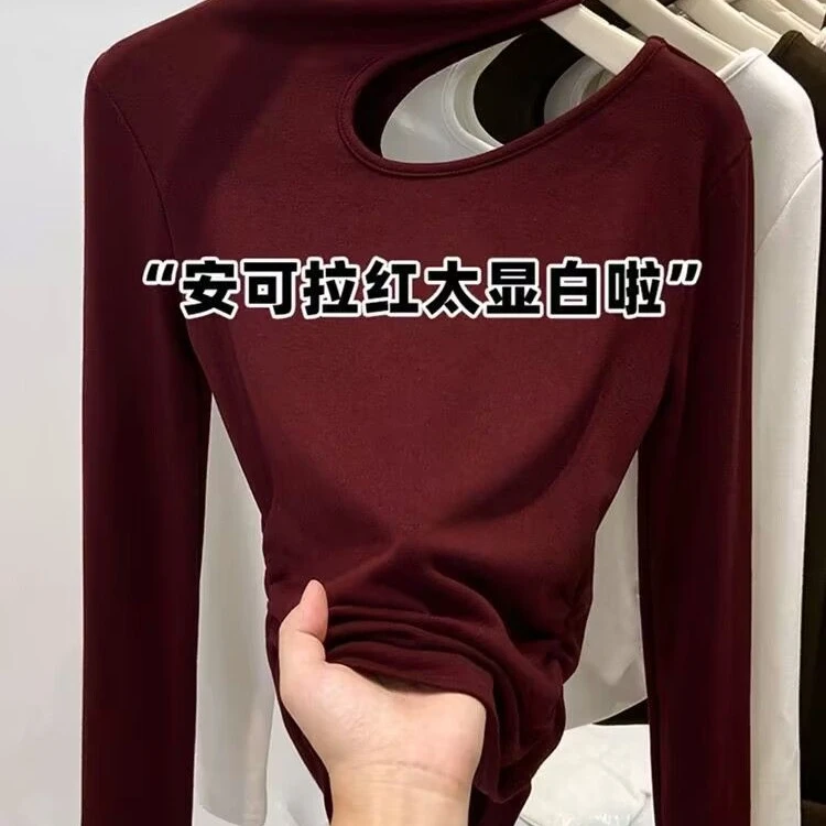 镂空半高领长袖t恤女秋冬季新款修身辣妹磨毛加绒打底衫内搭上衣