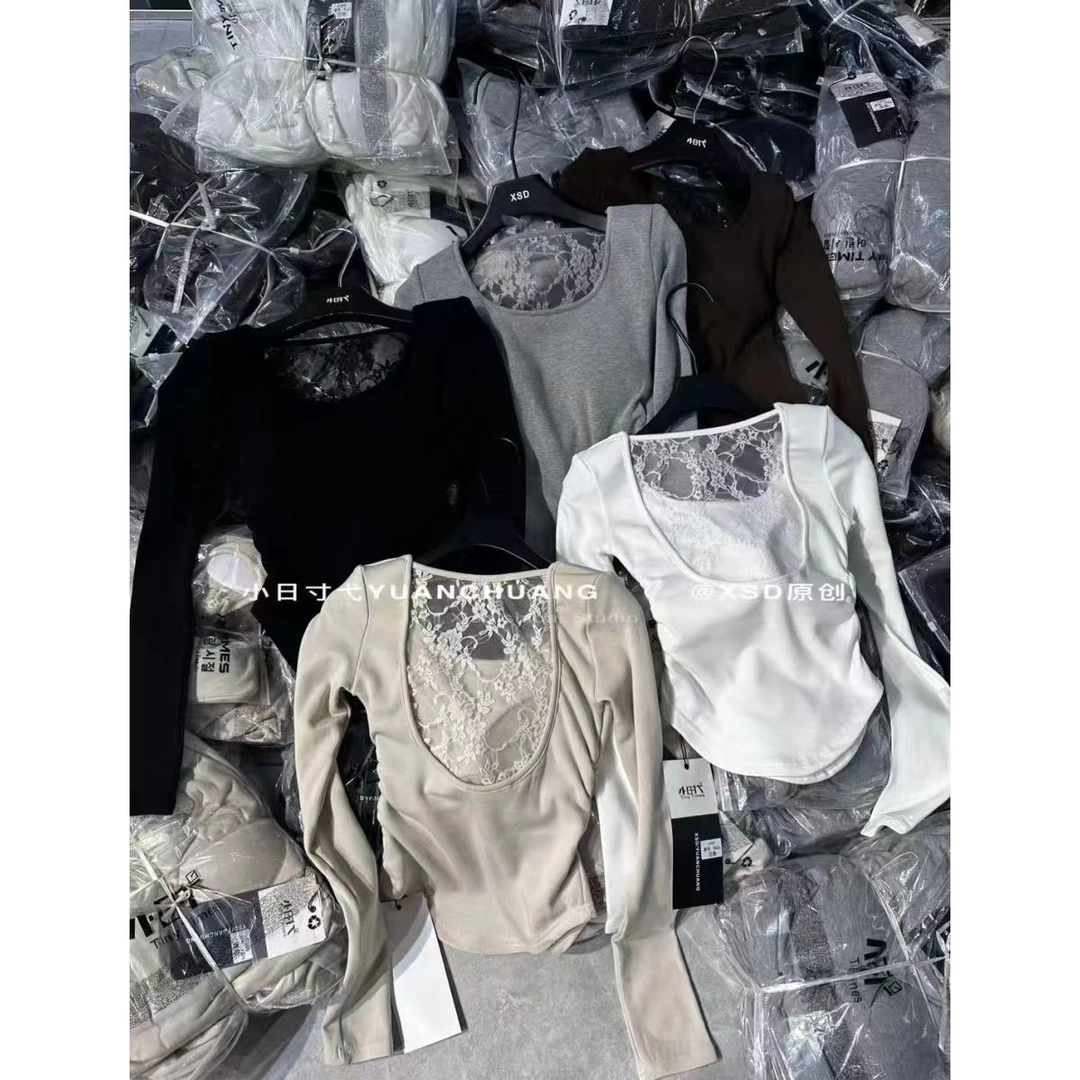 背后蕾丝拼接长袖T恤女修身磨毛内搭打底衫上衣潮2024秋冬新款