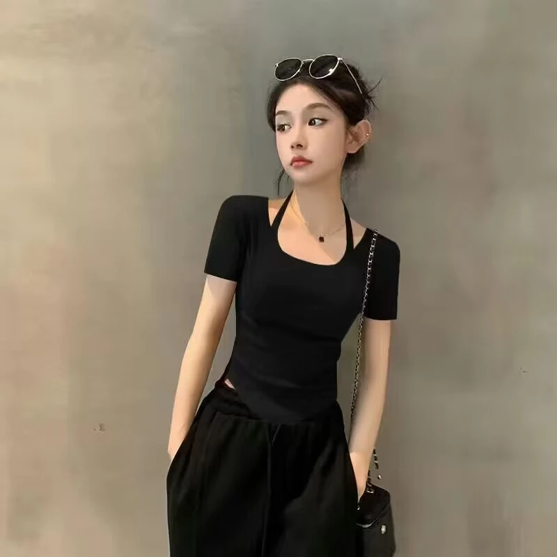 2025新款夏季黑色短袖T恤女挂脖不规则下摆短款正肩螺纹薄款上衣