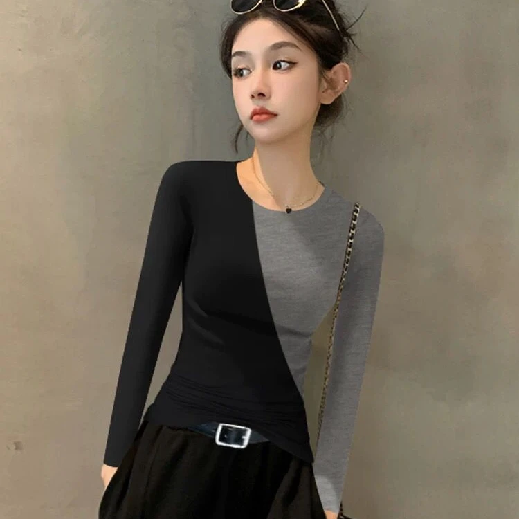 2025新款莫代尔秋冬黑色拼接长袖打底衫女内搭气质设计感修身上衣