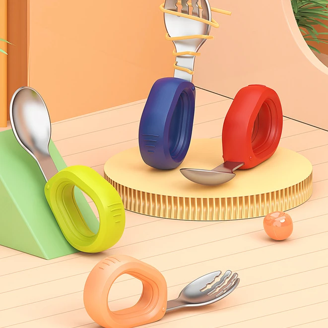 新疆包邮不锈钢圆柄叉勺套餐训练辅食勺儿童餐具硅胶短柄叉勺