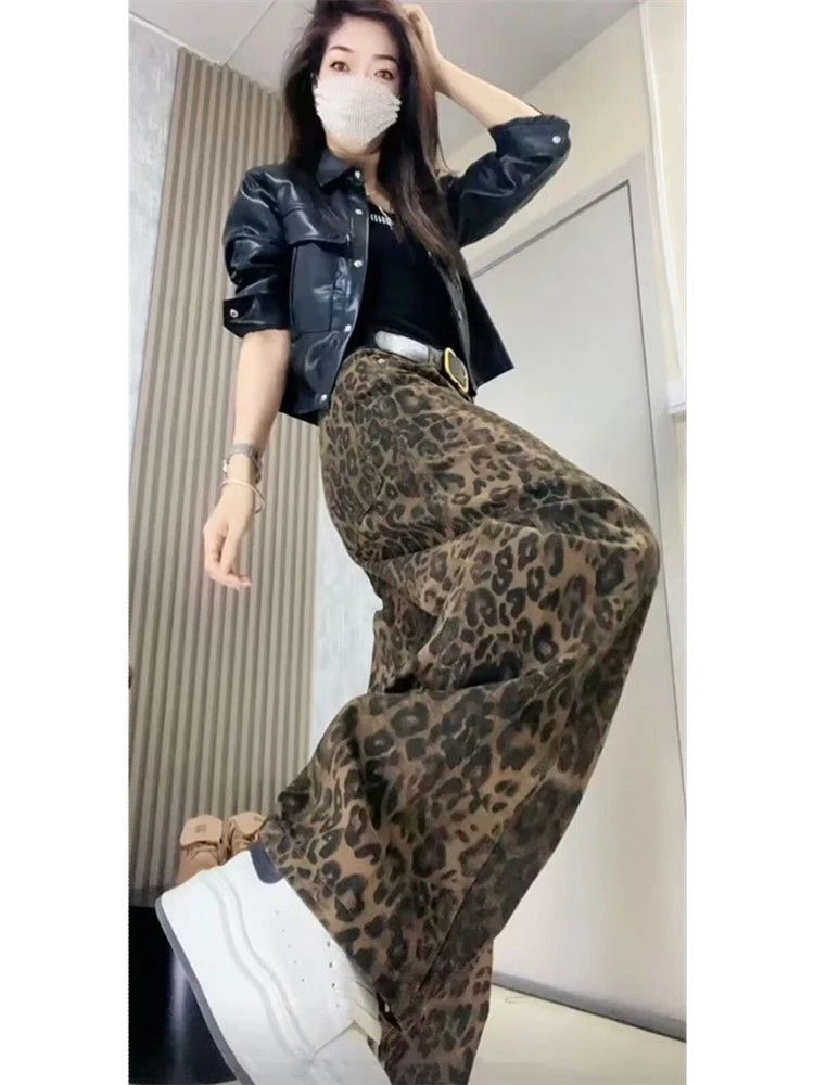 欧货豹纹牛仔阔腿裤女2024秋季高腰宽松显瘦弯刀裤高个子拖地长裤