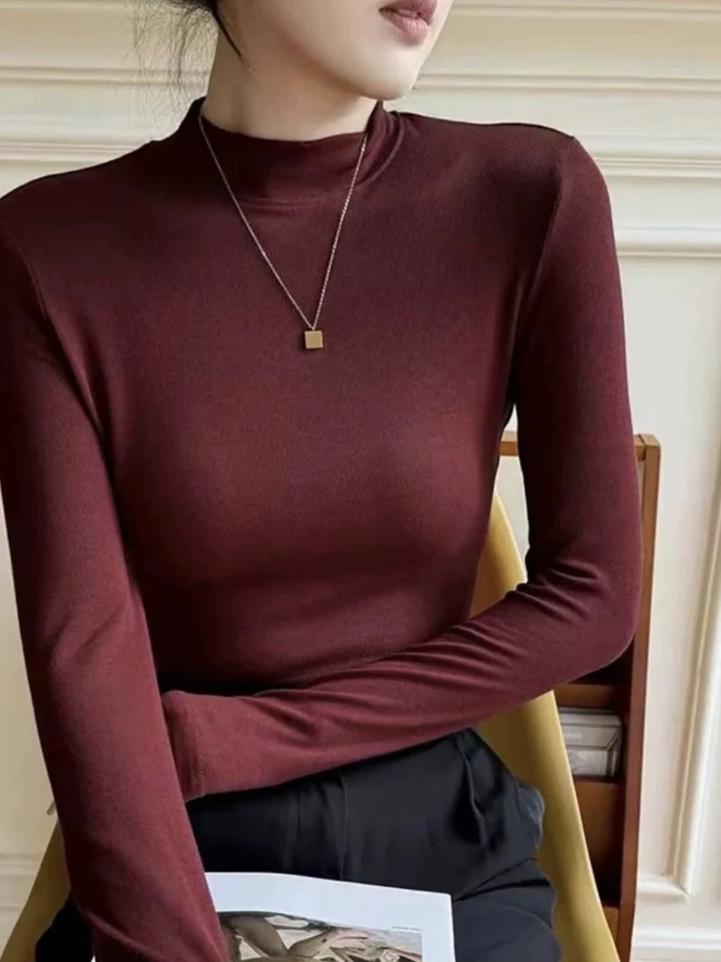 冬季新款半高领修身弹力上衣纯色设计时尚休闲风气质长袖打底衫女