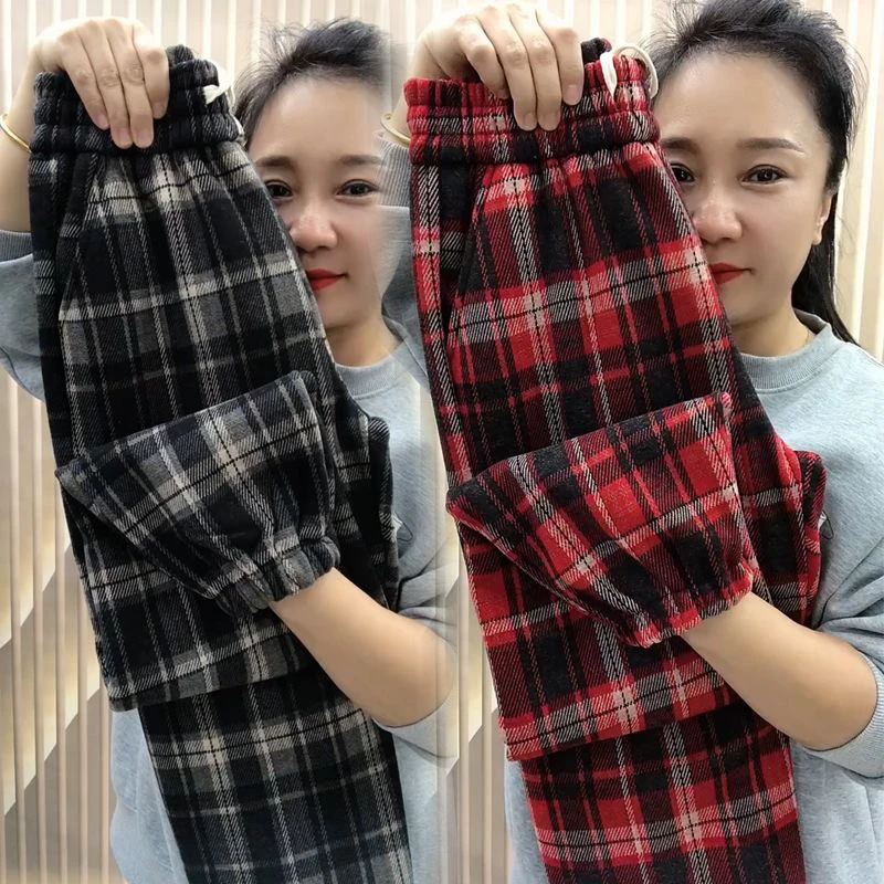 格子裤女2024冬季新款毛呢小脚裤洋气显瘦哈伦裤加绒加厚束脚裤子