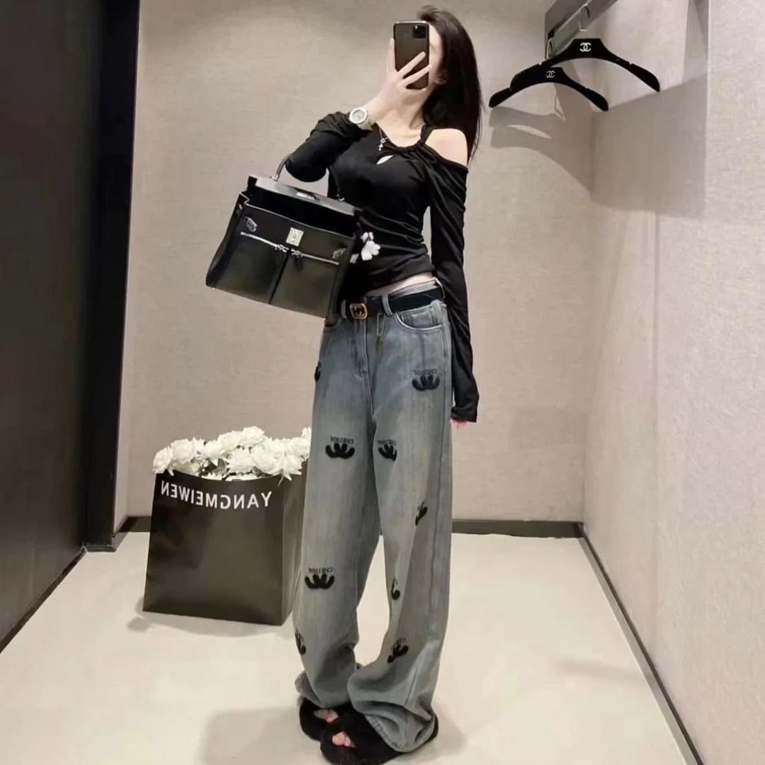 刺绣阔腿高腰牛仔裤女加绒冬季2024新款宽松显瘦百搭直筒拖地裤