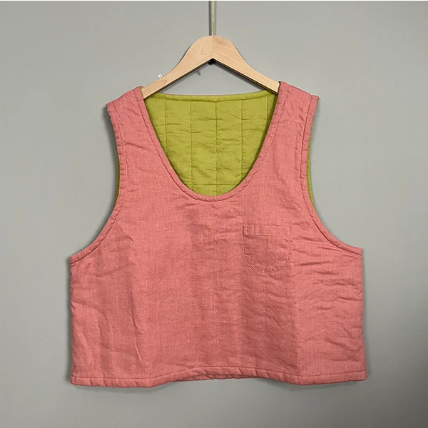 凤颜纱-初冬新款亚麻背心坎肩V领保暖休闲洋气马甲女士无袖双层