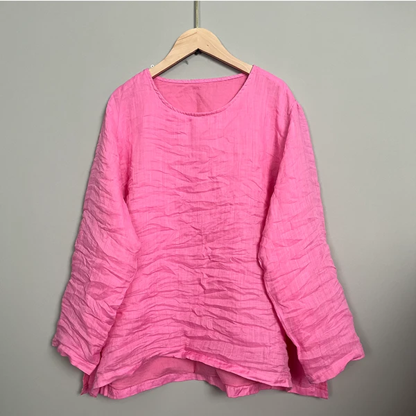 凤颜纱-早秋双层100支纯苎麻衬衫长袖圆领打底衫宽松显瘦休闲纯色