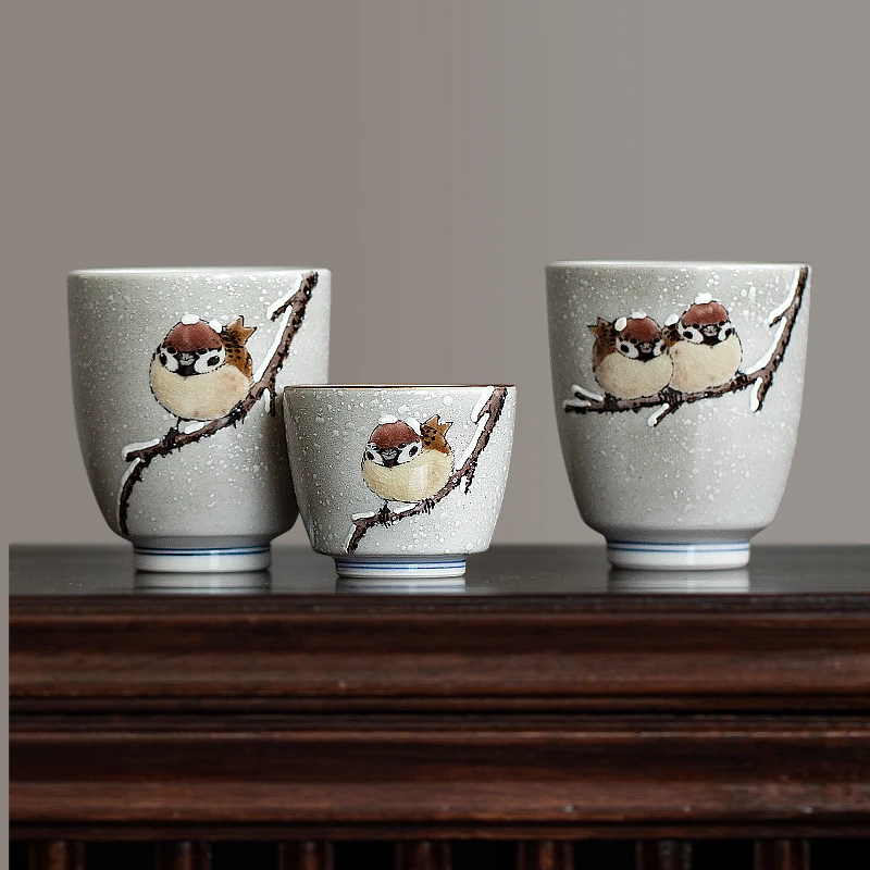 日本进口九谷烧中村陶志人雪雀茶具纯手工陶瓷茶杯子日式品茗杯
