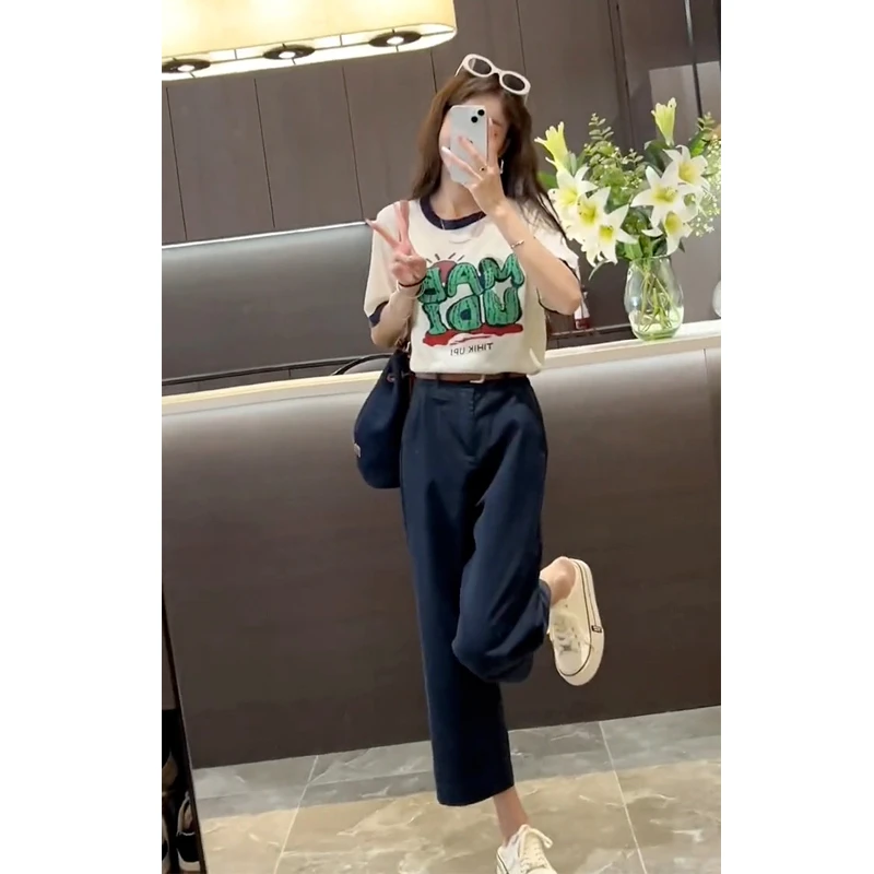 夏季百搭2025年时尚宽松印花撞色圆领短袖T恤纯色九分阔腿裤套装