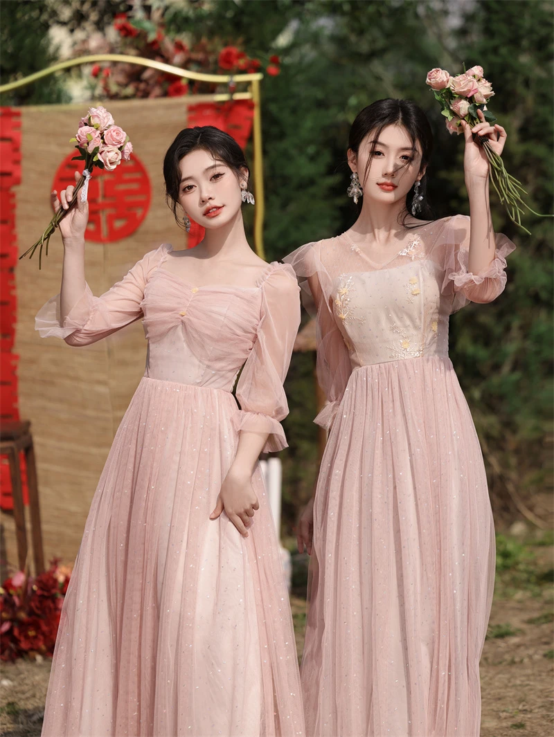 伴娘服2024新款虾粉色连衣裙高级感小众平时可穿姐妹团夏季礼服女