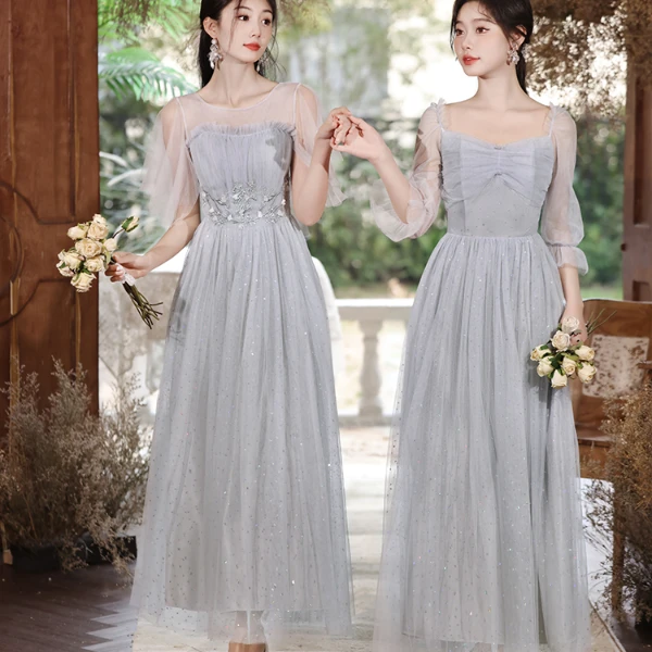 灰色姐妹团伴娘服2025新款夏季伴娘裙大码胖mm 200斤仙气质学生可