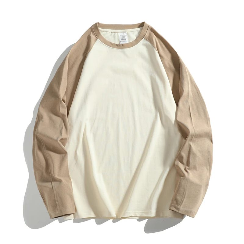 重磅230g纯棉男士插肩袖拼色休闲简约长袖T恤百搭潮流打底衫