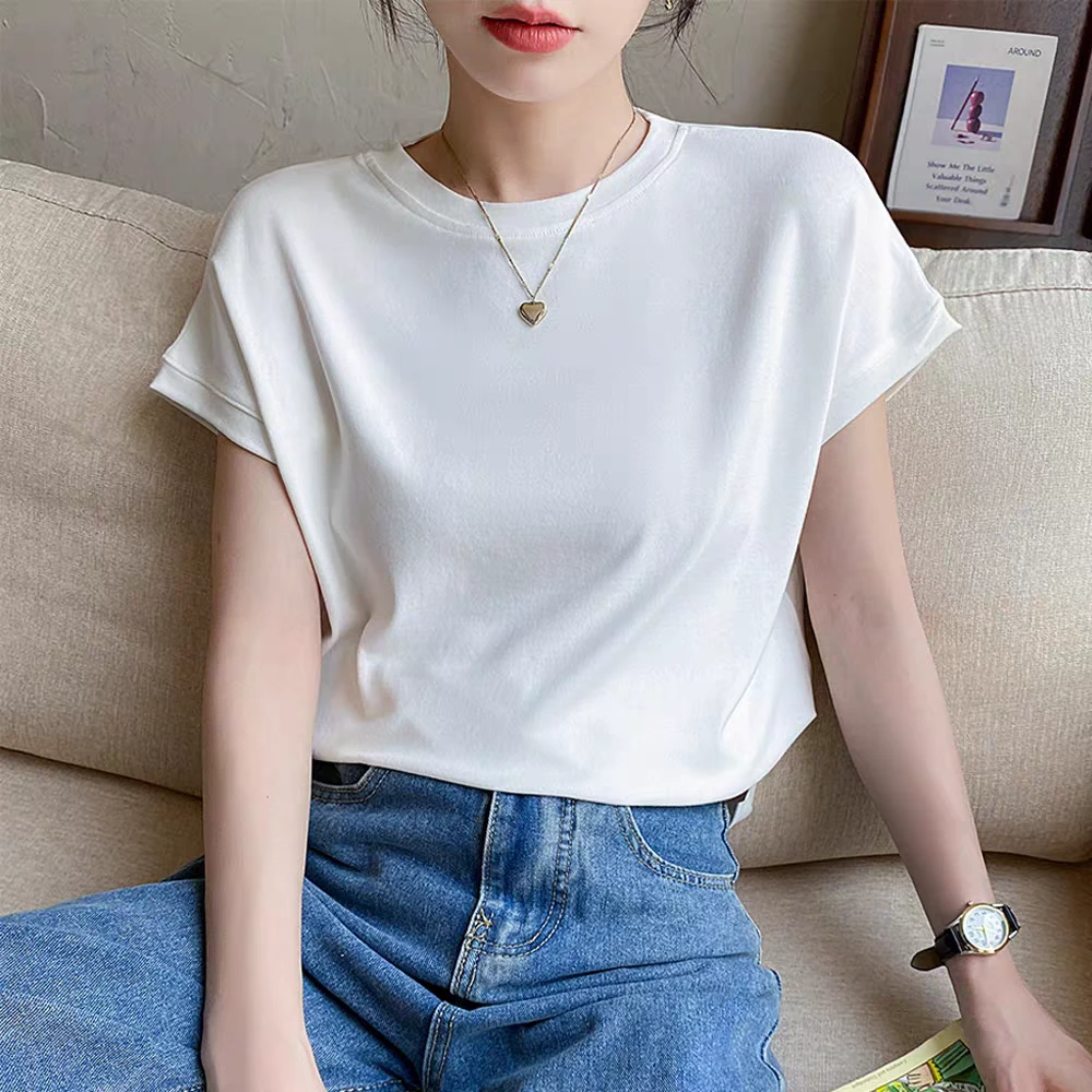 紫皇冠夏季显瘦纯色白色T恤女百搭圆领宽松设计感休闲洋气打底衫