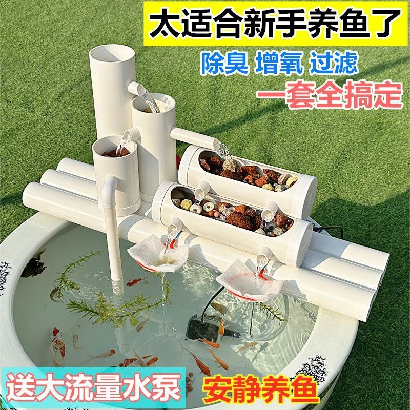 鱼缸过滤器循环系统室外石槽瓷缸养鱼静音不插电全自动增氧净化器