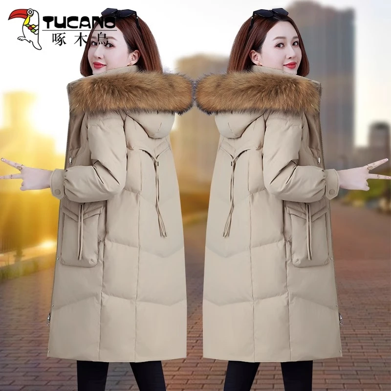 【官方】啄木鸟中长款羽绒服女士冬季新款2025中年显瘦加厚时尚外套