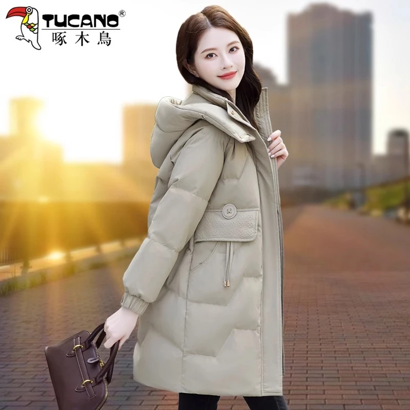 【官方】啄木鸟中长款羽绒服女冬季2025新款宽松韩版白鸭绒连帽外套