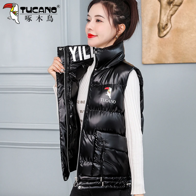 【官方】啄木鳥亮面马甲女秋冬季2024年新款高档保暖黑色马夹外套潮