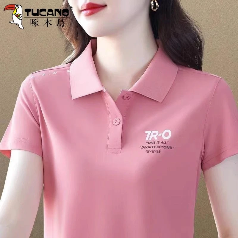 【官方】啄木鸟冰丝短袖t恤女士2025新款中老年妈妈装休闲运动上衣