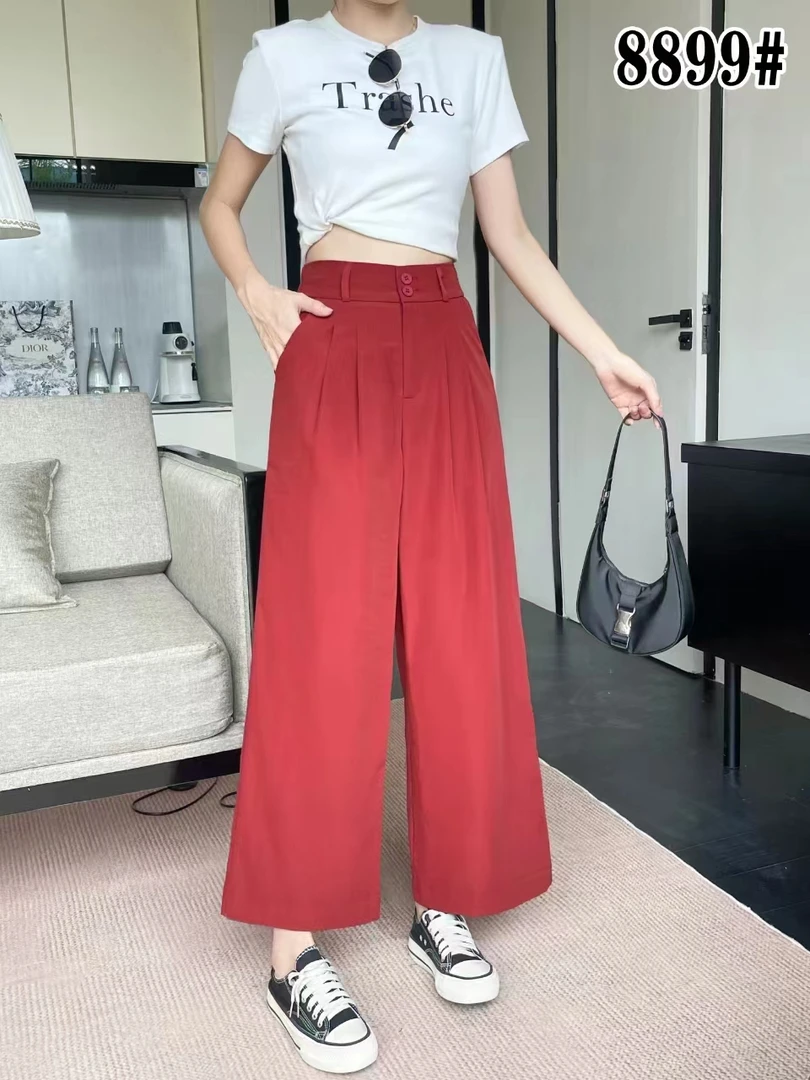 韩系半松紧腰复古窄版阔腿裤翻边女2024夏季薄款高腰宽松休闲裤
