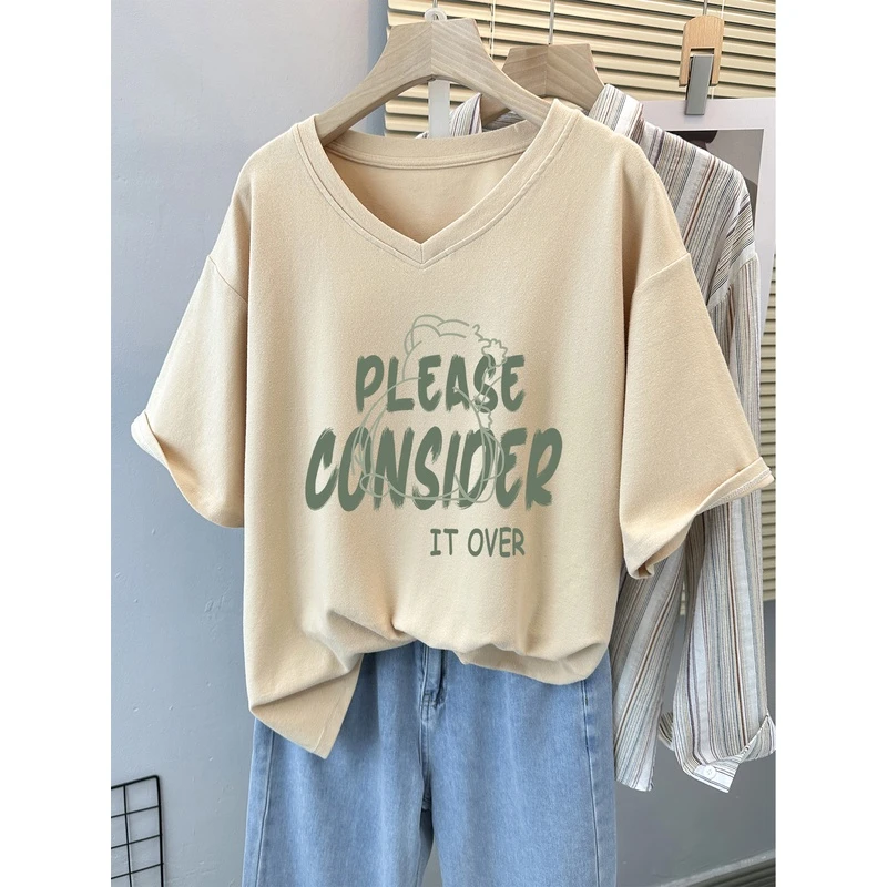 夏季纯棉宽松胖mm短袖t恤女ins潮大码300斤情侣装遮肚显瘦V领上衣