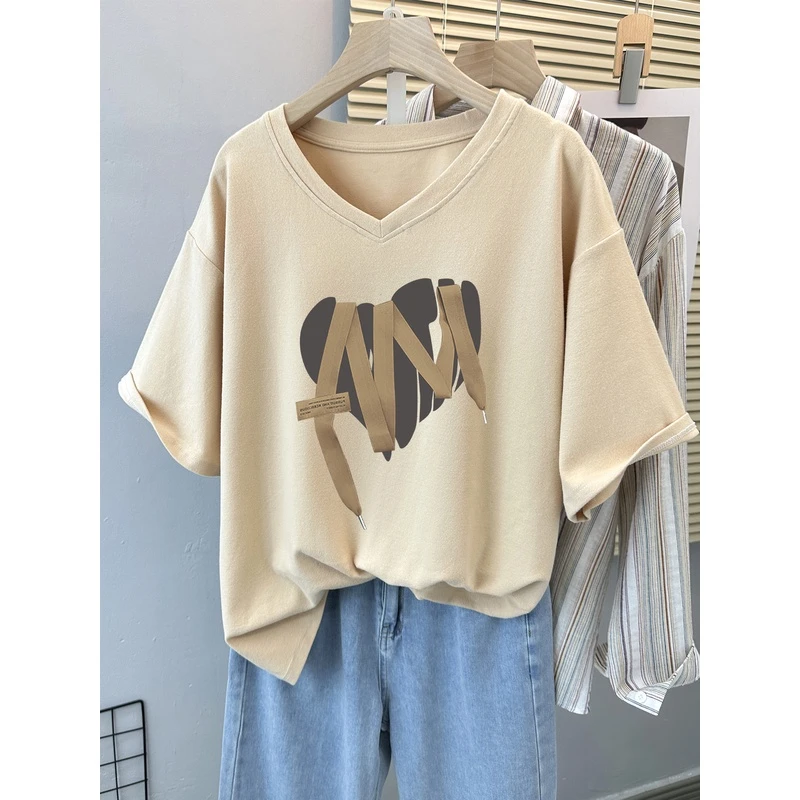 300斤胖mm正肩短袖t恤夏季大码女装宽松ins潮设计感小众V领上衣服