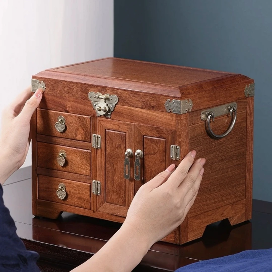 缅花甸梨百年好合素面饰品盒结婚嫁妆首饰箱红木工艺品