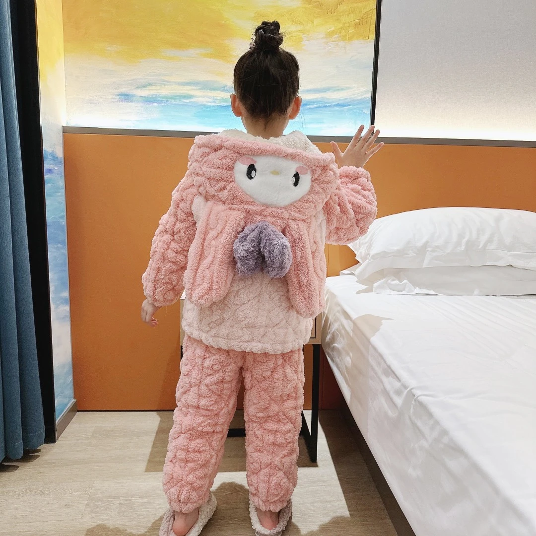 儿童款睡衣女童外穿连帽加绒加绒毛绒加厚中大童冬款女孩冬天