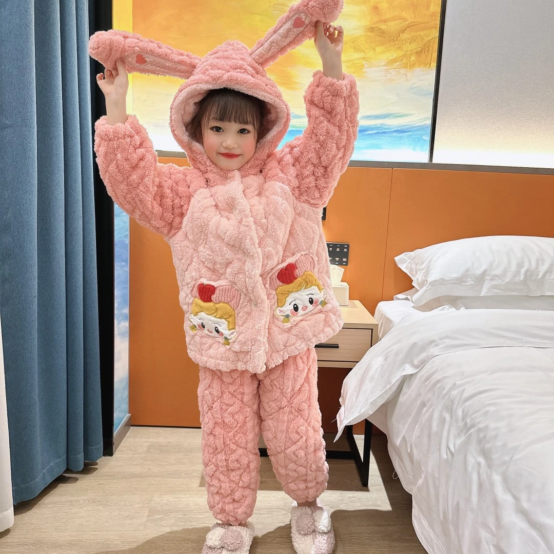 22023女童睡衣冬季加厚款珊瑚绒儿童家居服女孩三层夹棉冬款加绒