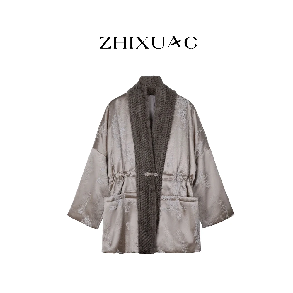 【罗兰颂】2025春秋国风轻奢收腰水貂毛领提花中长款保暖桑蚕丝外套