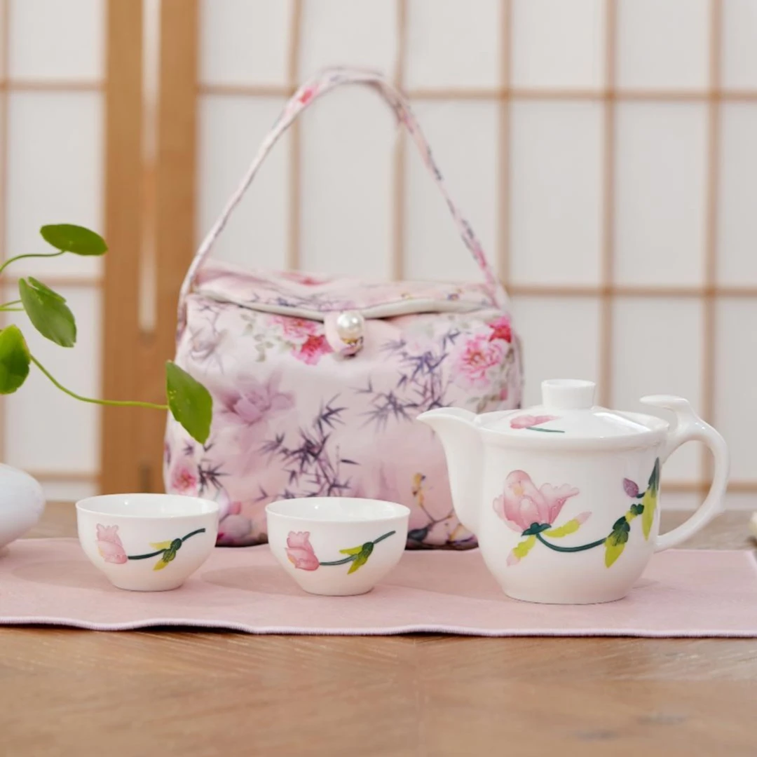 【成艺】满堂春系列手绘红花绿叶粉布袋套装户外出行便携功夫茶具