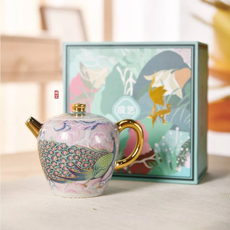 成艺 孔雀品壶陶瓷功夫茶具单壶泡茶壶高端描金家用复古茶壶礼盒