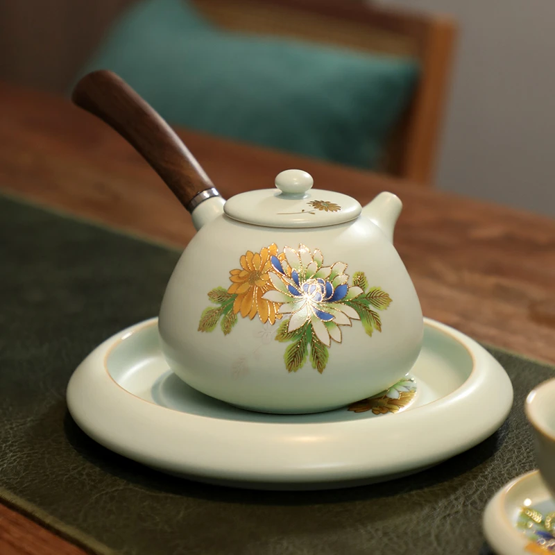 成艺天青汝窑描金大号趴花工艺侧把壶大容量茶壶福缘茶承干泡台